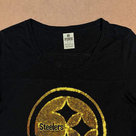 Victoria’s Secret PINK NFL Pittsburgh Steelers Sequin Tee Black T Shirt Small VS - Picture 4 of 16